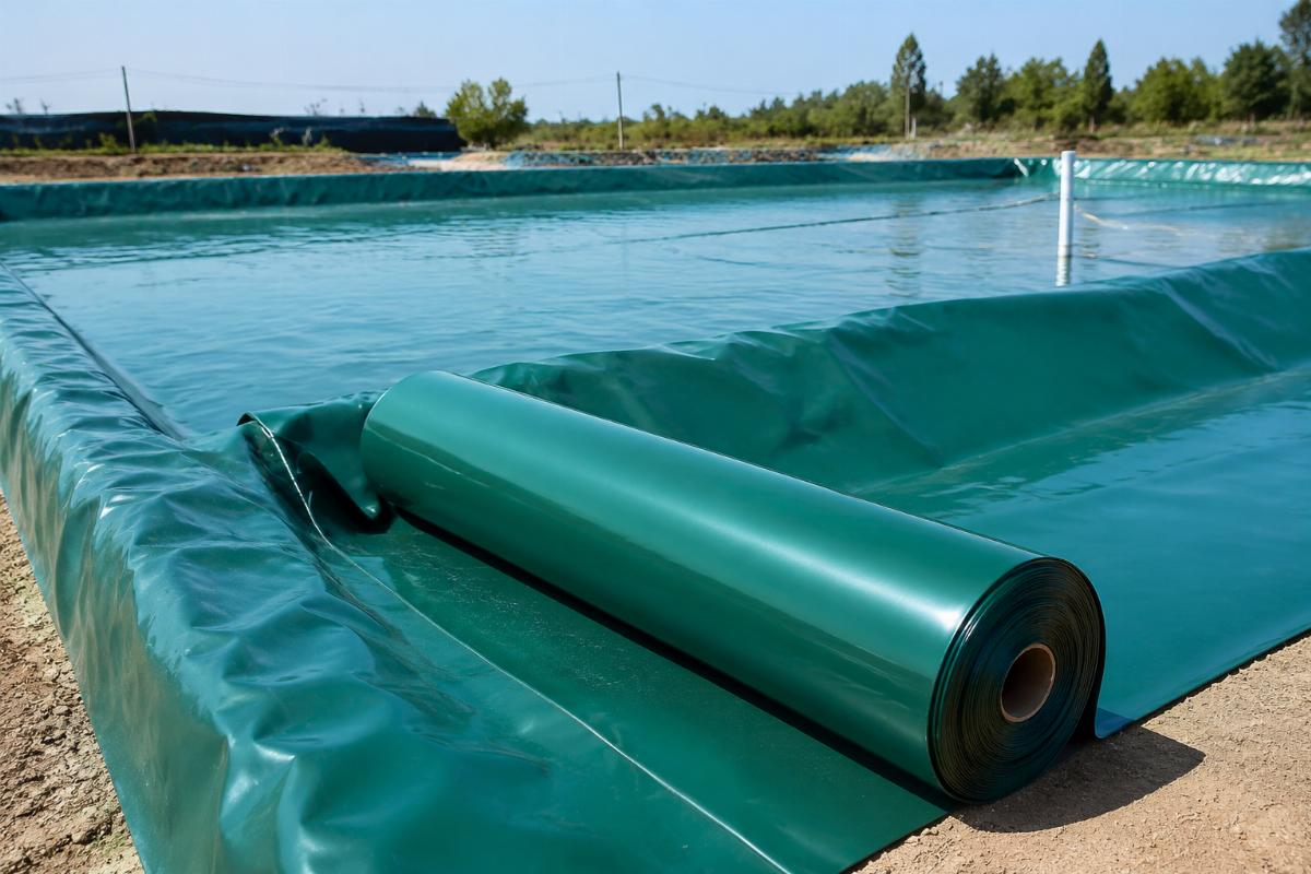 Green PVC tarpaulin roll for aquaculture pond liner laid out on test field