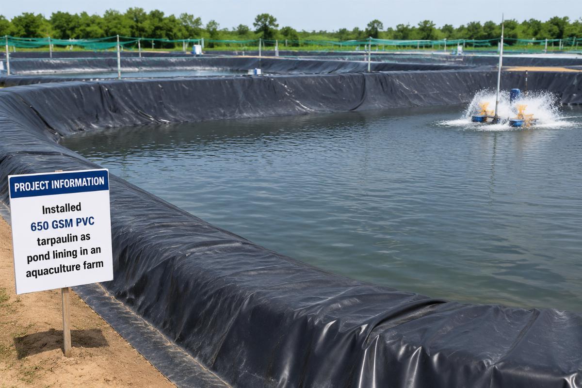 Installed 650 GSM PVC tarpaulin as pond lining in an aquaculture farm