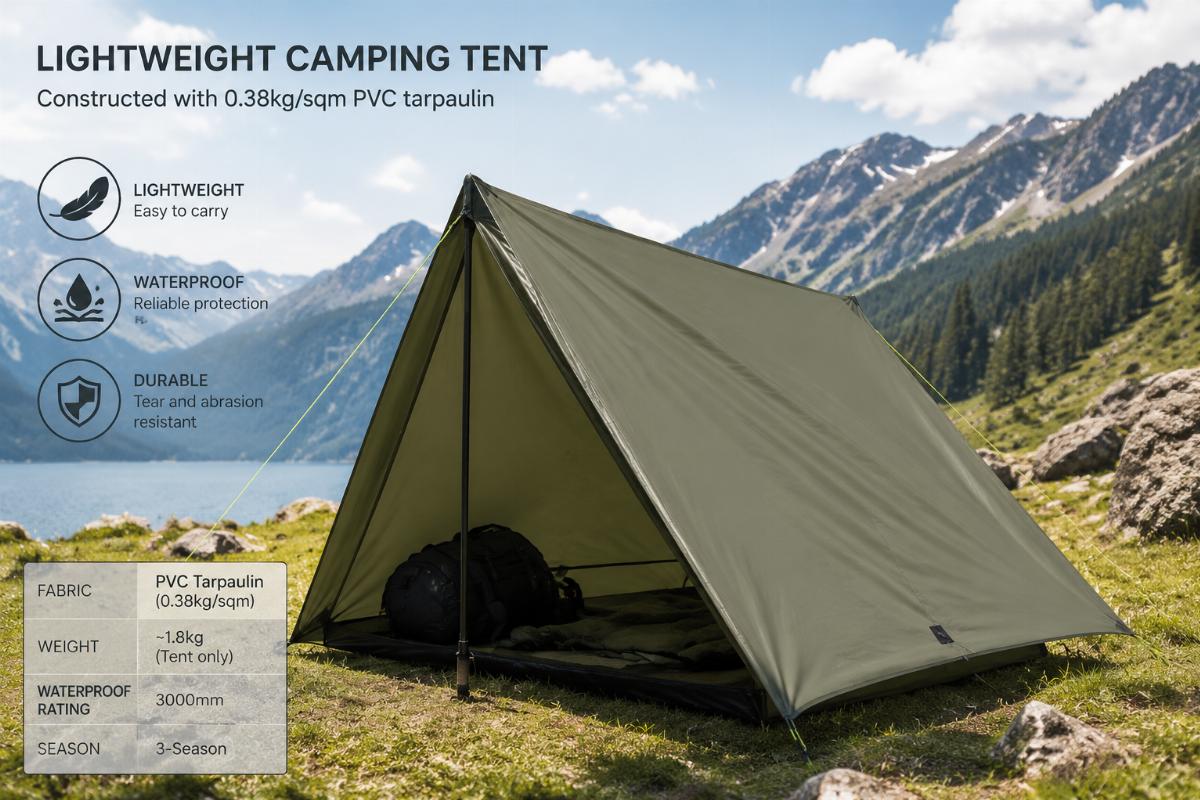Lightweight camping tent constructed with 0.38kg/sqm PVC tarpaulin