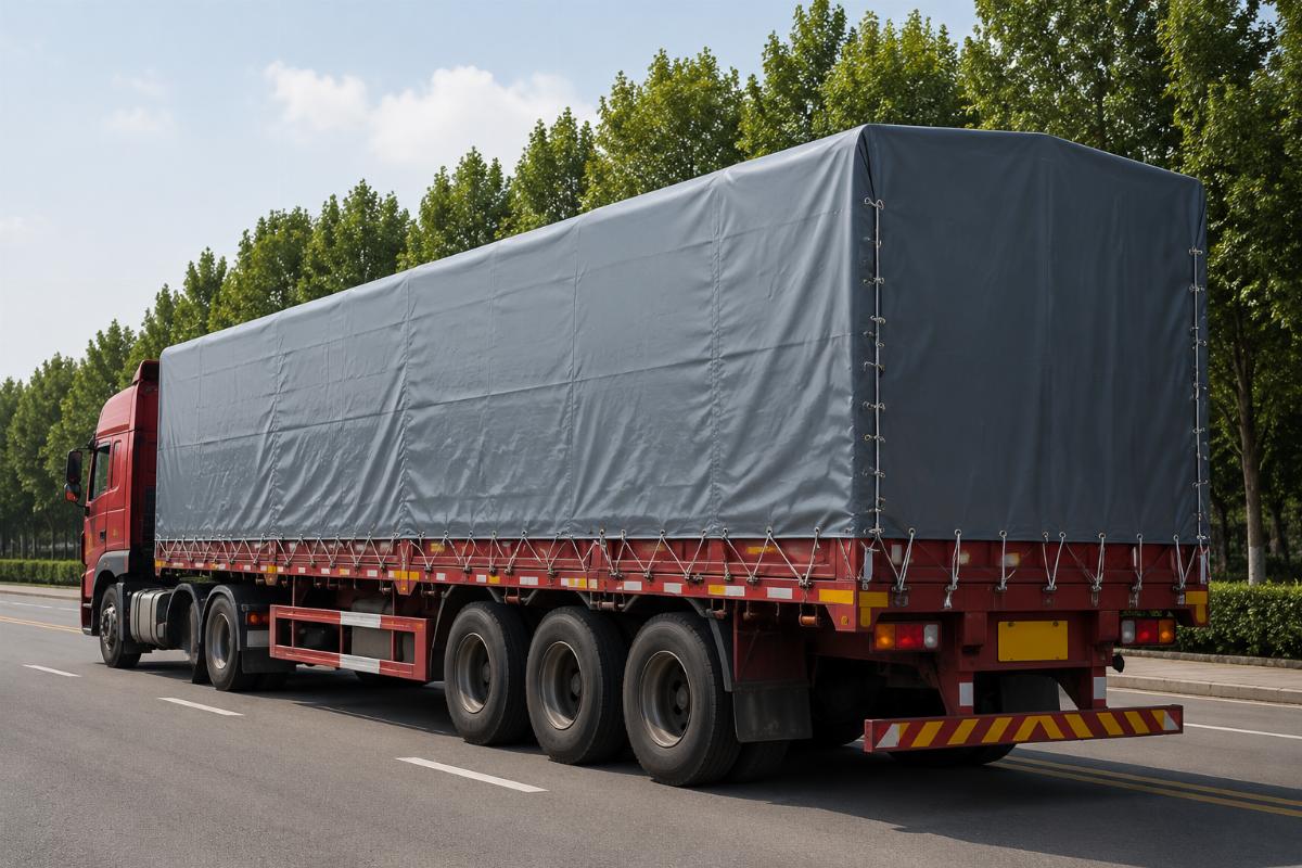 Matte PVC tarpaulin truck cover installed on a long-haul commercial vehicle