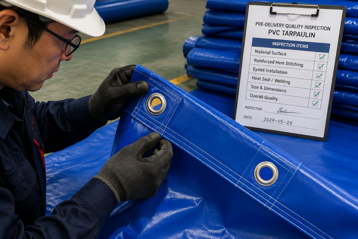 Pre-delivery quality inspection of reinforced hem and eyelet details on PVC tarpaulin
