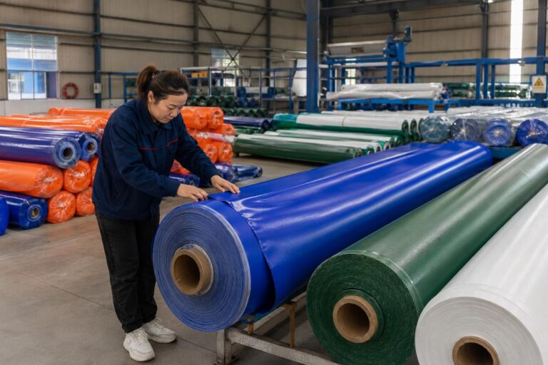 Process of inspecting finished PVC tarpaulin rolls in a factory warehouse
