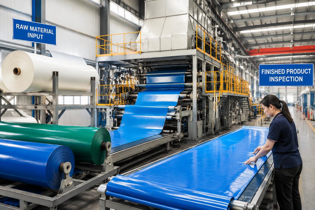 PVC tarpaulin production line showing raw material input and finished product inspection