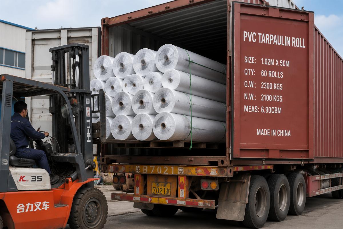 PVC tarpaulin roll loading for bulk international shipment