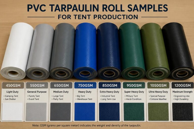 PVC tarpaulin roll samples for tent production laid out by weight category