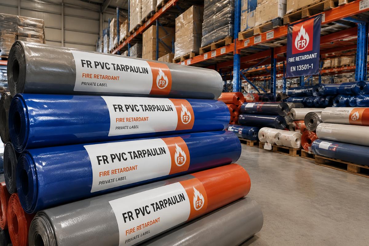 Rolls of private label FR certified fire-retardant PVC tarpaulin in a distributor warehouse