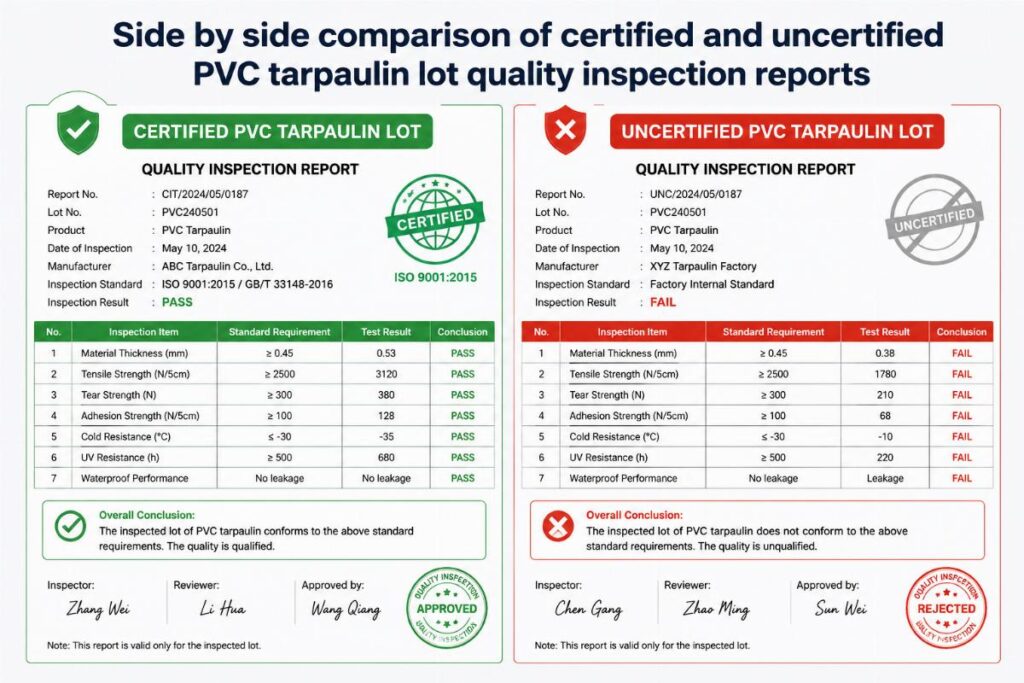 Side by side comparison of certified and uncertified PVC tarpaulin lot quality inspection reports