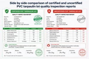 Side by side comparison of certified and uncertified PVC tarpaulin lot quality inspection reports