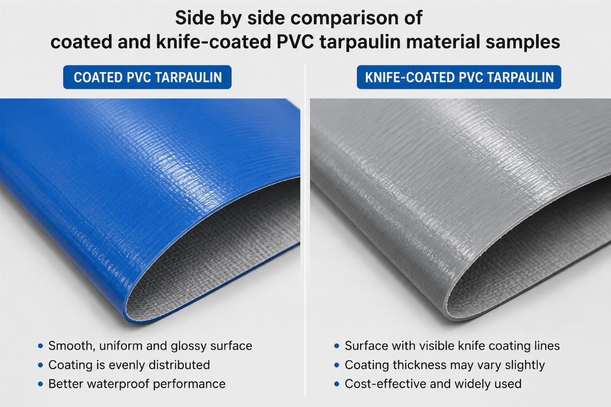 Side by side comparison of coated and knife-coated PVC tarpaulin material samples