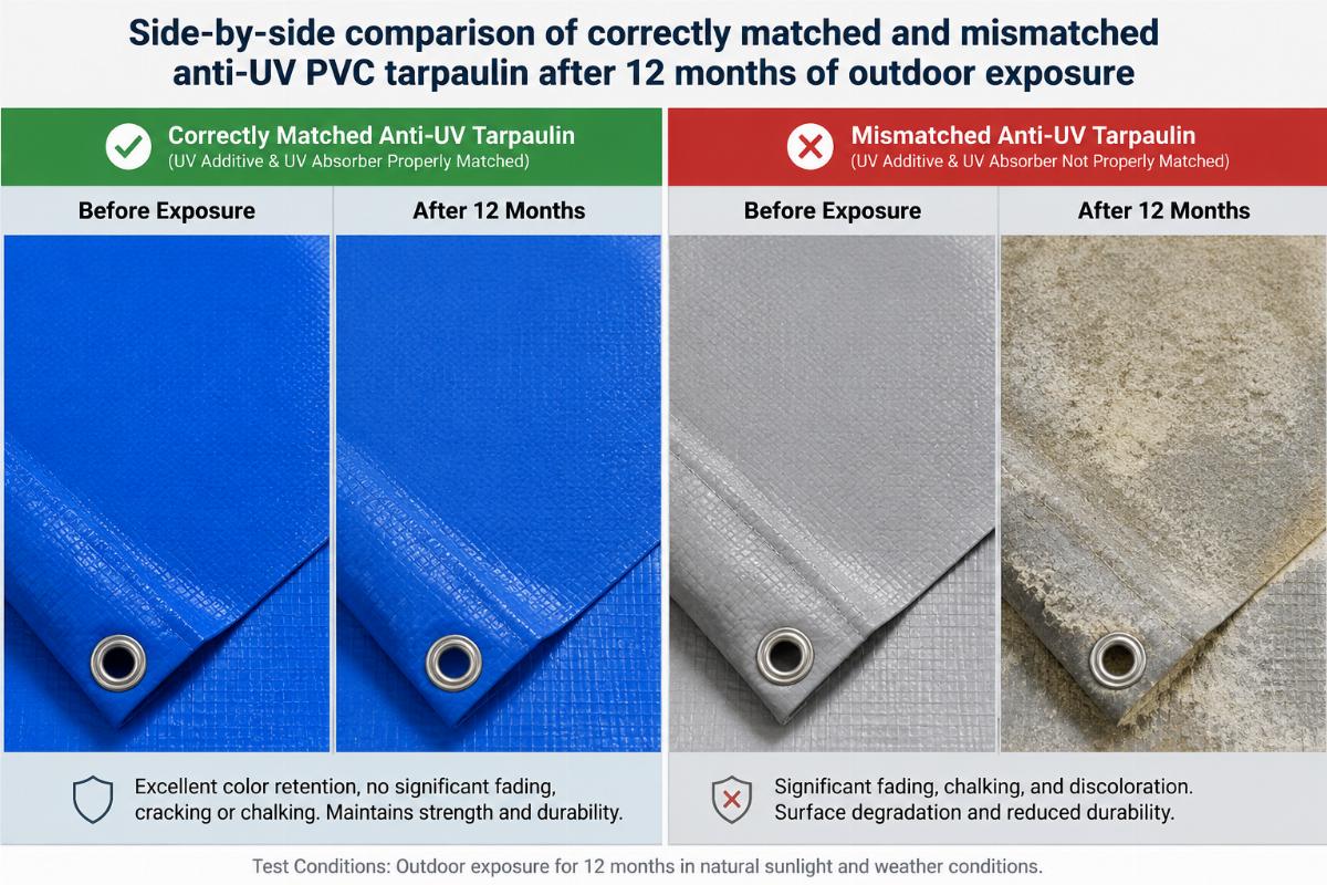 Side-by-side comparison of correctly matched and mismatched anti-UV PVC tarpaulin after 12 months of outdoor exposure