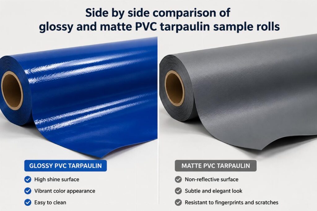 Side by side comparison of glossy and matte PVC tarpaulin sample rolls