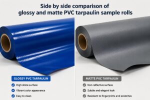 Side by side comparison of glossy and matte PVC tarpaulin sample rolls