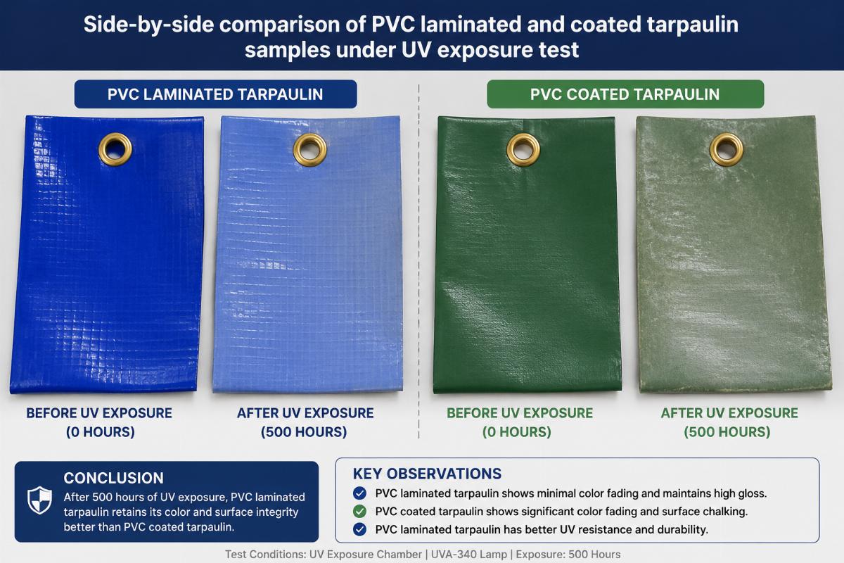 Side-by-side comparison of PVC laminated and coated tarpaulin samples under UV exposure test