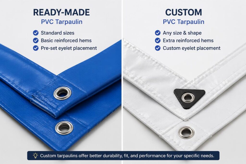 Side-by-side comparison of ready-made and custom PVC tarpaulin with reinforced hems and metal eyelets