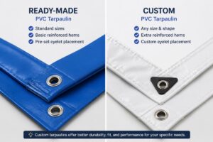 Side-by-side comparison of ready-made and custom PVC tarpaulin with reinforced hems and metal eyelets