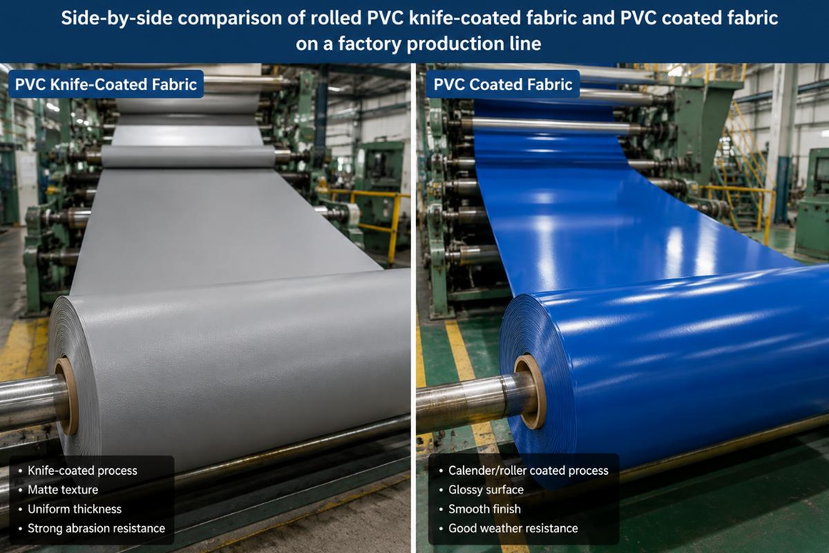 Side-by-side comparison of rolled PVC knife-coated fabric and PVC coated fabric on a factory production line