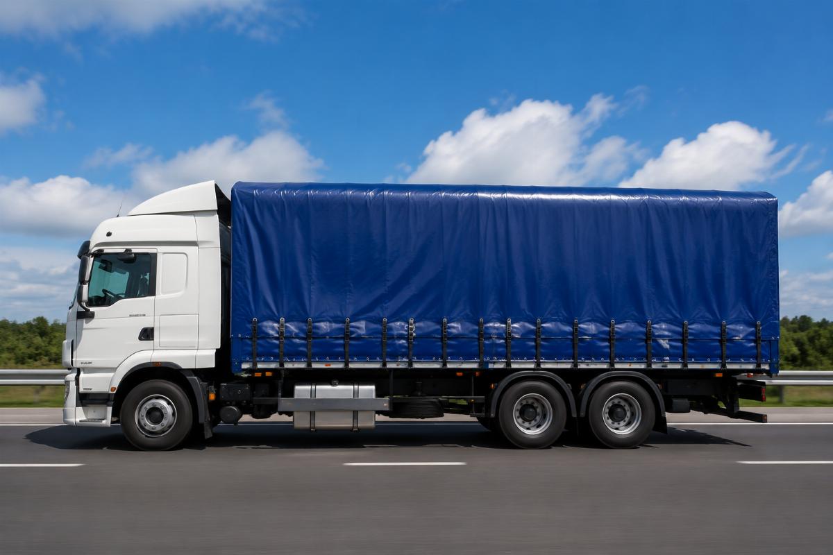 Side view of a heavy-duty truck on a highway with a perfectly fitted custom PVC truck cover
