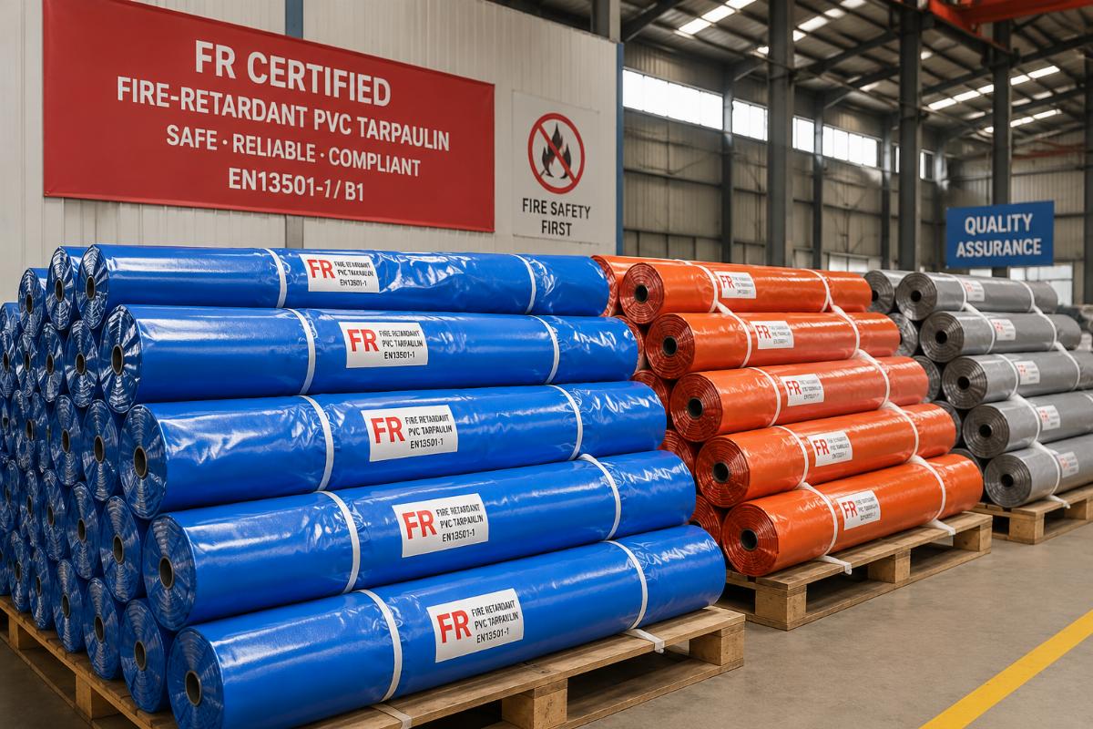 Stacked rolls of FR certified fire-retardant PVC tarpaulin in a factory warehouse ready for shipping