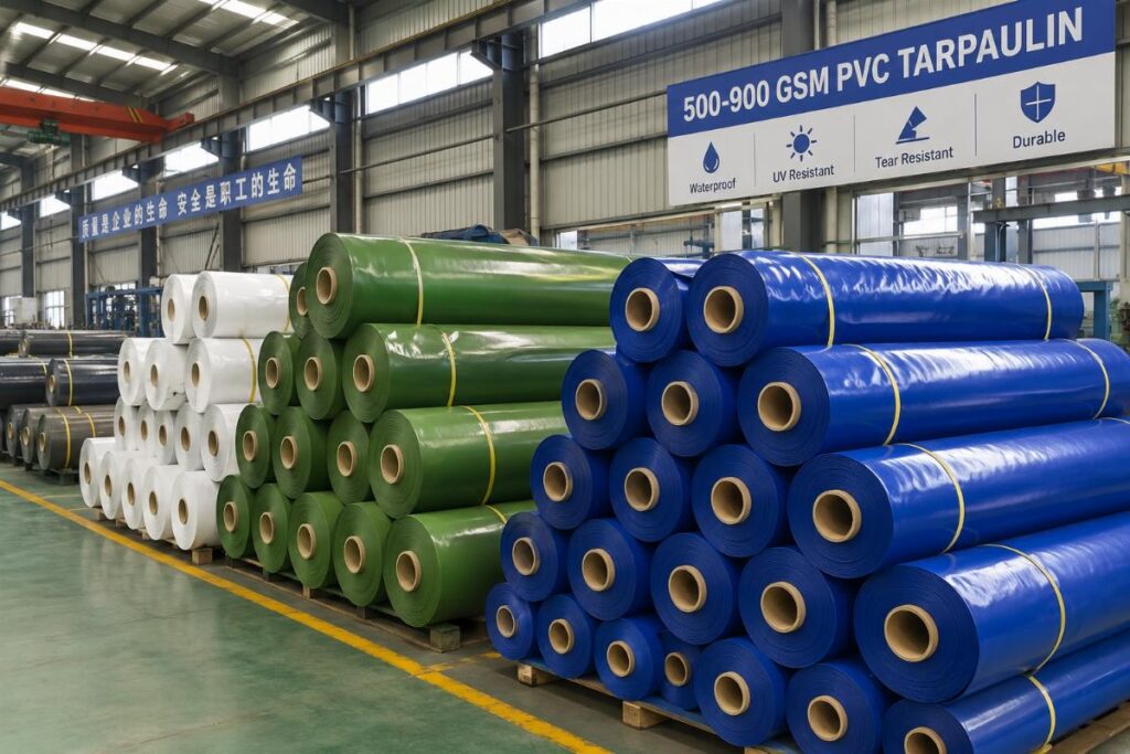 Stacks of 500-900 GSM PVC tarpaulin rolls in a factory warehouse