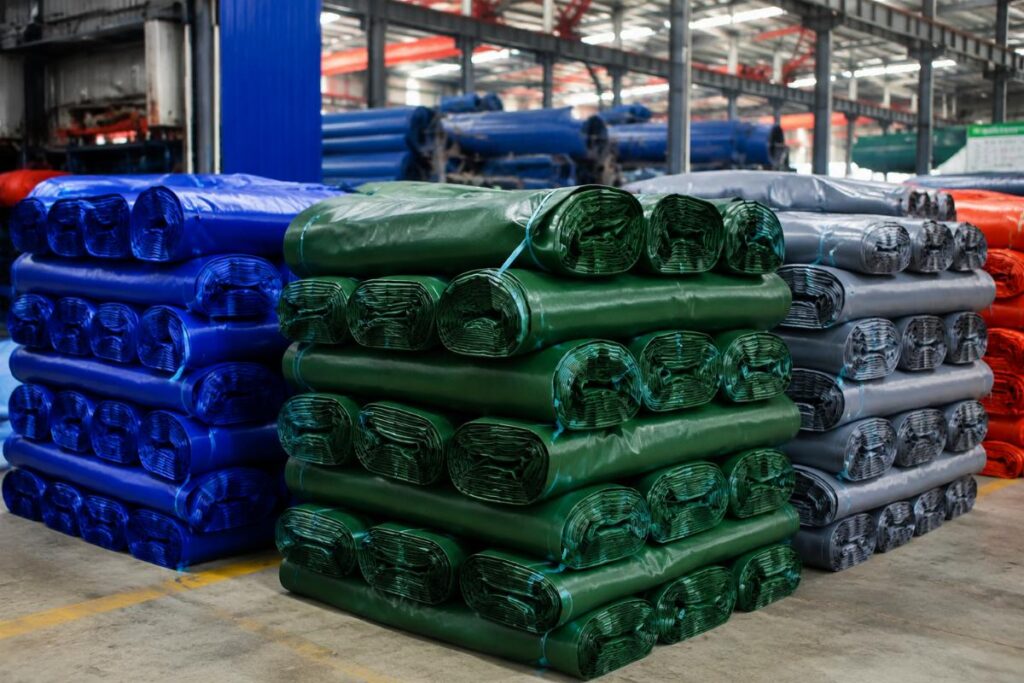 Stacks of rolled 650 GSM heavy-duty PVC tarpaulin in a factory warehouse