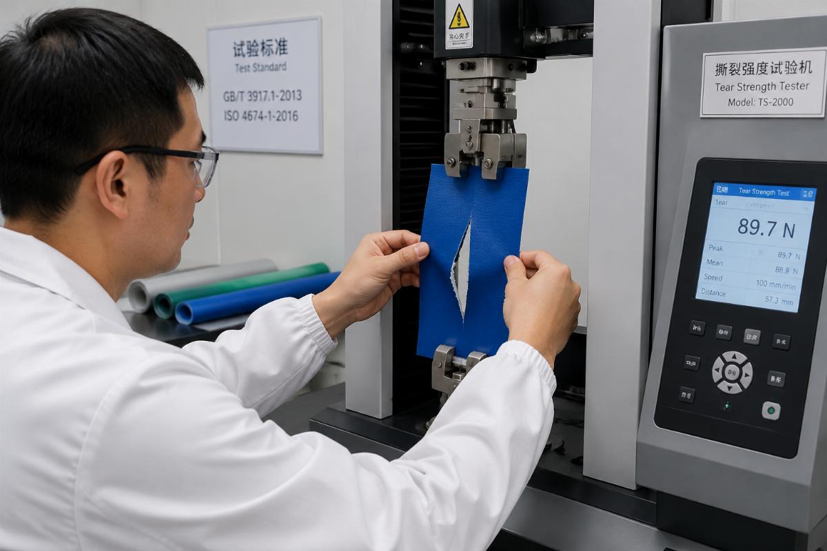 Test laboratory staff conducting tear resistance test on industrial PVC coated fabric sample