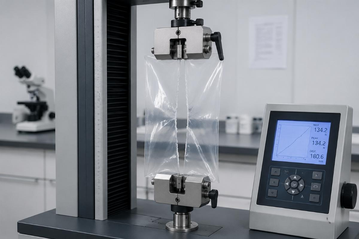 Testing clear transparent PVC tarpaulin for tear resistance in lab environment