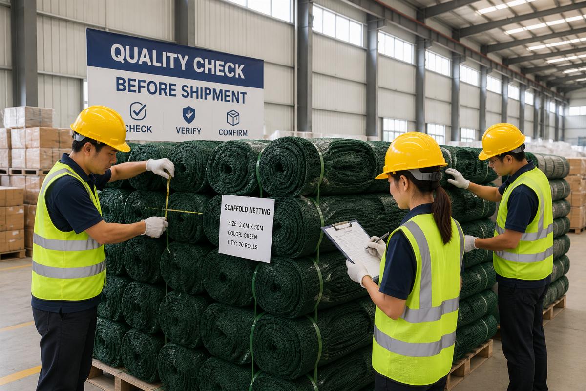 Warehouse team conducting pre-shipment quality checks on stacked scaffold netting rolls
