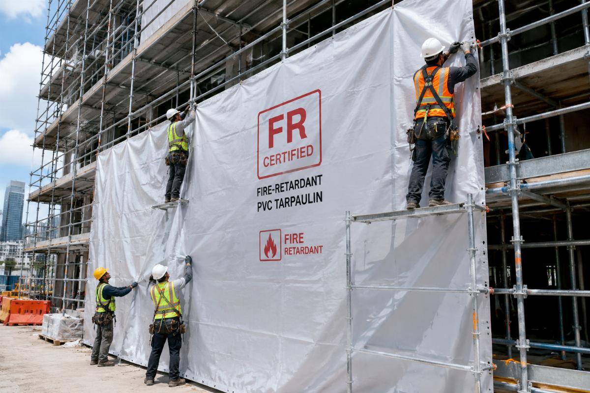 Workers installing FR certified fire-retardant PVC tarpaulin as scaffold wrap on a commercial construction site