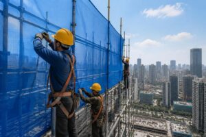 Workers installing windproof scaffold netting on a high-rise construction site